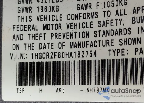 2017 Honda Accord Ex-L from USA, damaged, VIN 1HGCR2F80HA182754
